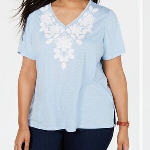 Alfred Dunner Monterey Embroidered VNeck Top Tunic Large Blue Casual Boho